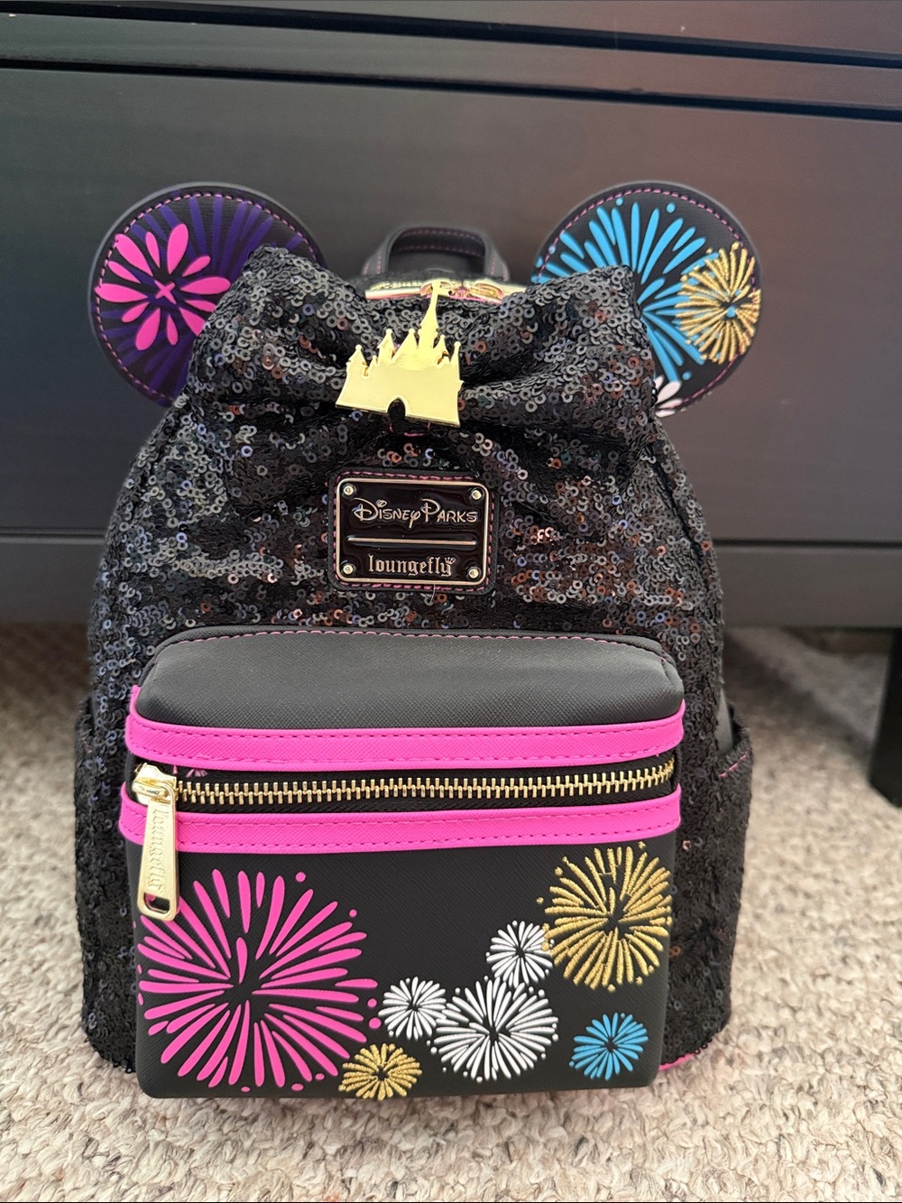 RARE Disney Black Sequin Mini Backpack with Pink Trim and Multicolor Fireworks